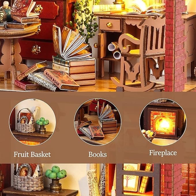 DIY BOOK NOOK KIT, 3D WOODEN PUZZLE BOOKEND, MINIATURE DOLLHOUSE KIT CRAFTS WITH LED LIGHT, BOOKSHELF DECOR, CREATIVITY CRAFTS FOR ADULTS TEENS, MINI BOOK ROOM HOUSE - Image 2